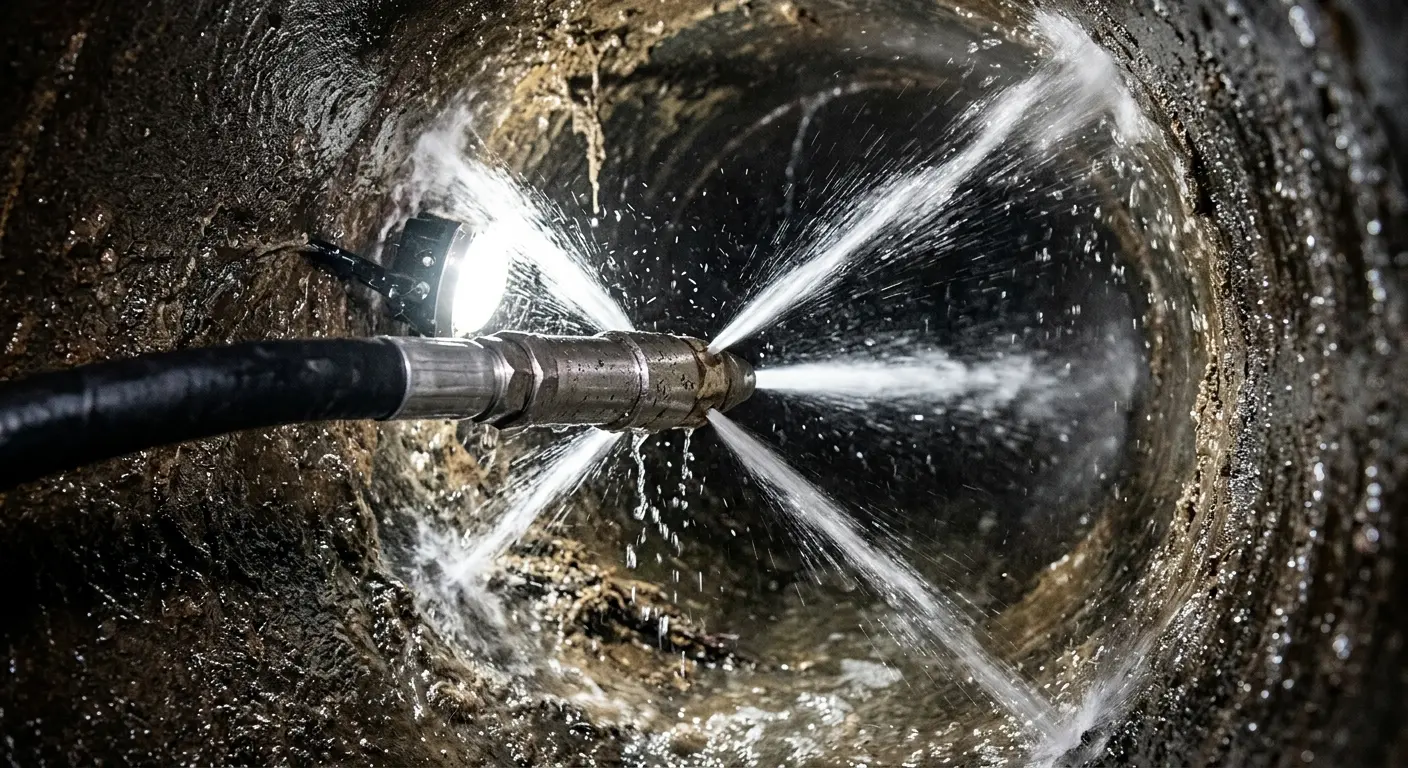 High-pressure hydro jetting nozzle cleaning sewer pipe for Emergency Drain Service in Atlanta