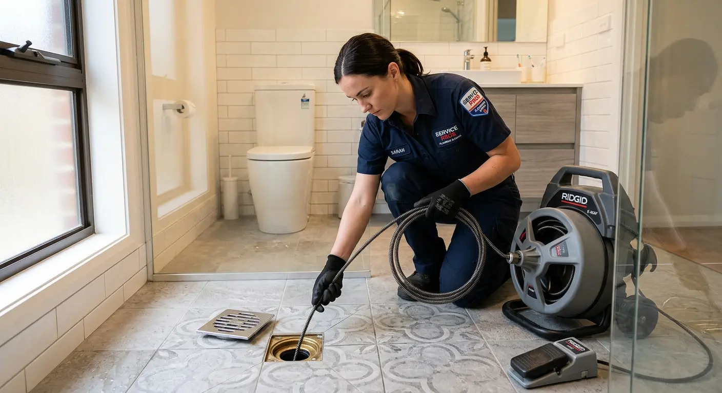 Technician clearing a bathroom floor drain for Drain Repair in Atlanta